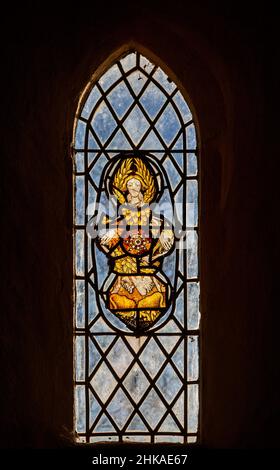 Stained glass window Pakenham church, Suffolk, England, UK medieval fragments Stock Photo