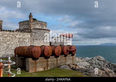 Foghorn and old lighthouse at Eilean Glas on the Outer Hebridean Isle od Scalpay Stock Photo