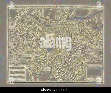 Inspired by Battle of Malplaquet, 1709, Plan de la Bataille de Malplaquet et Campperdu donnée le 11 Septembre 1709, Battle of Malplaquet, between the Allies under Duke of Marlborough and Prince of Savoy and the French, September 11, 1709. Bottom left legend A-N in French. Part of a bundled collection, Reimagined by Artotop. Classic art reinvented with a modern twist. Design of warm cheerful glowing of brightness and light ray radiance. Photography inspired by surrealism and futurism, embracing dynamic energy of modern technology, movement, speed and revolutionize culture Stock Photo