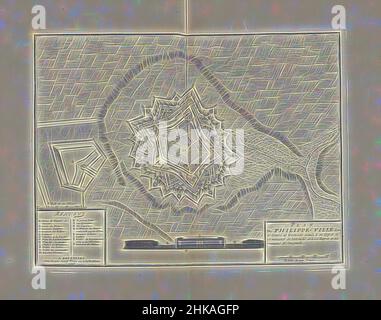 Inspired by Map of Philippeville, 1710, Plan De Philippe-Ville, Map of Philippeville, 1710. Below a cross-section of the rampart, on the left the legend A-V. Part of a bundled collection of plans of battles and cities renowned in the War of the Spanish Succession., print maker: Jacobus Harrewijn, Reimagined by Artotop. Classic art reinvented with a modern twist. Design of warm cheerful glowing of brightness and light ray radiance. Photography inspired by surrealism and futurism, embracing dynamic energy of modern technology, movement, speed and revolutionize culture Stock Photo