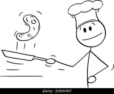 Cook Cooking Pancake in Frying Pan, Vector Cartoon Stick Figure Illustration Stock Vector