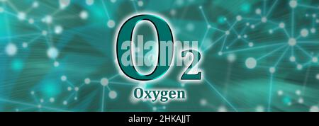O2 symbol. Oxygen molecule on green network background Stock Photo