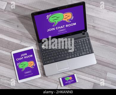 Chat room concept shown on different information technology devices Stock Photo