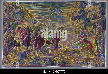 Inspired by Falcon Hunt, The English Yachts, Tapestry with Falcon Hunt: in the foreground four horsemen looking to the right. The front two horses, a blaze and a grey, are ridden by amazons; two dark horses by riders. In front of them is a heron on which a falcon stands with averted spread wings. A, Reimagined by Artotop. Classic art reinvented with a modern twist. Design of warm cheerful glowing of brightness and light ray radiance. Photography inspired by surrealism and futurism, embracing dynamic energy of modern technology, movement, speed and revolutionize culture Stock Photo