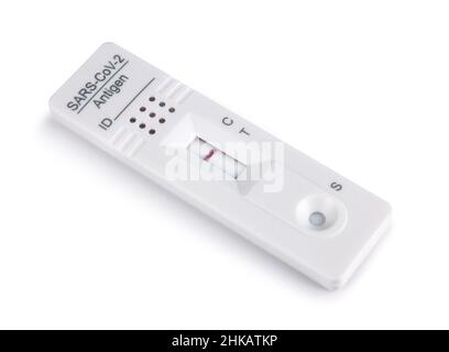 Covid-19 corona virus antigen test kit cassette device showing negative result, isolated on white background Stock Photo