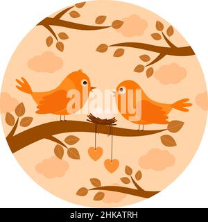 Birds with nest eggs on branch, vector illustration Stock Vector