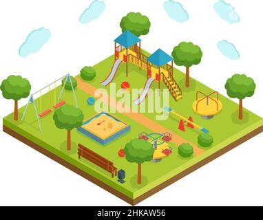 Isometric big kid playground on white background, vector illustration Stock Vector