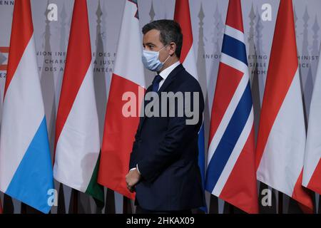 Lille, France. 03rd Feb, 2022. French Interior Minister Gerald Darmanin at the start of an Informal meeting of European Ministers responsible for home affairs, in Lille, France, 03 February 2022. Credit: ALEXANDROS MICHAILIDIS/Alamy Live News Stock Photo