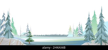 Winter Forest Vector. Snowy Coniferous Trees Landscape. Snow drifts. Divided thick pine thickets. Foggy frosty horizon. Illustration in cartoon style Stock Vector