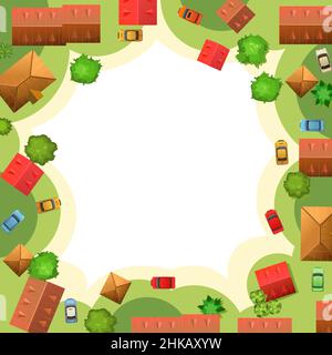 Round Border frame city street. Isolated on white background. Fragment of a small town. Top View from above. Cartoon cute style illustration. Cars Stock Vector