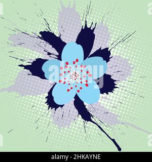 Blue flower with a grunge background made of ink splashes in dark blue and lilac. Green color halftone background. Stock Vector