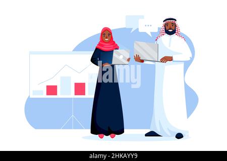 Young arab man and woman with laptop showing result of data analysis and advertisement presentation. Vector flat cartoon characters illustration. Busi Stock Vector
