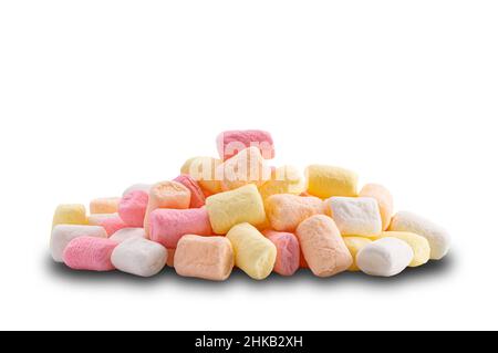 Side view pile of multicolor marshmallow isolated on white background with clipping path. Confectionery called marshmallow made from gelatin sugar and Stock Photo