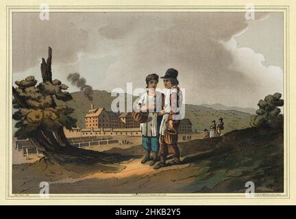 Vintage illustration Factory children, Child workers, Textile mill, The Costume of Yorkshire by George Walker. 1815 Stock Photo