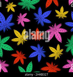 Seamless vector marijuana, cannabis leaves pattern on black background. Stock Vector