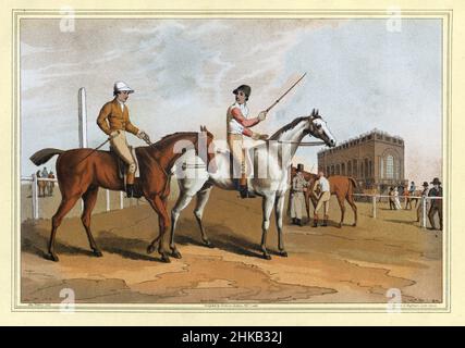 Vintage illustration Jockeys at Doncaster Racecourse, Racehorse, Horse racing early 19th Century, The Costume of Yorkshire by George Walker. 1815 Stock Photo