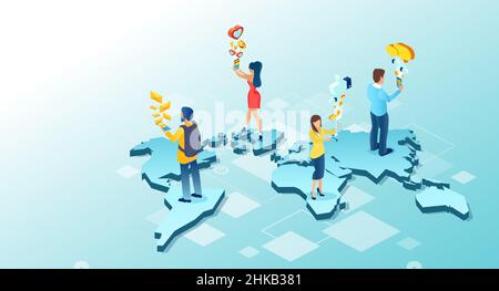 Vector of young people worldwide using mobile phones and social media apps Stock Vector