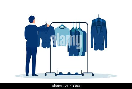 Vector of a businessman near a rack with clothes choosing a suit Stock Vector