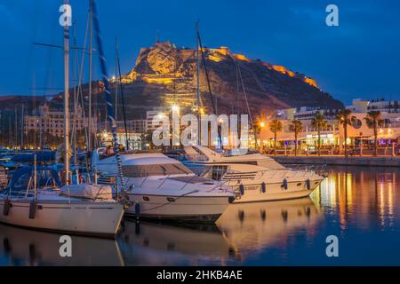 Alicante, Alicante Province, Costa Blanca, Spain.  View over sports harbour to Santa Barbara castle. Stock Photo