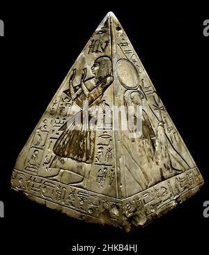Egyptian Pyramidion of Ramose Limestone, New Kingdom, 19th, Nineteenth, Dynasty, (1292-1190 BC),Deir el-Medina, Egypt, (Museo Egizio di Torino Italy) Stock Photo
