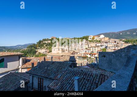 View from Via Rampa della Rocca street, Subiaco, Italy, Europe Stock Photo