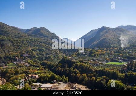 View from Via Rampa della Rocca street, Subiaco, Italy, Europe Stock Photo