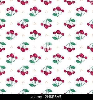 Cherry berry seamless pattern with leaves, print on white background. Vector flat illustration with different red and green elements for spring and summer Stock Vector