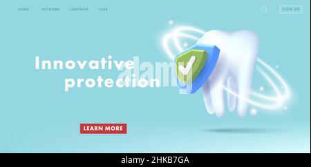 Web banner with 3d illustration of a Healthy tooth and protective shield, anti-caries protection concept composition Stock Vector