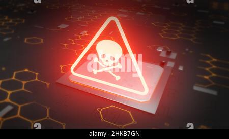 Laptop in a dark room with red skull and crossbones on glowing hologram over a circuit or processor 3D Illustration Stock Photo