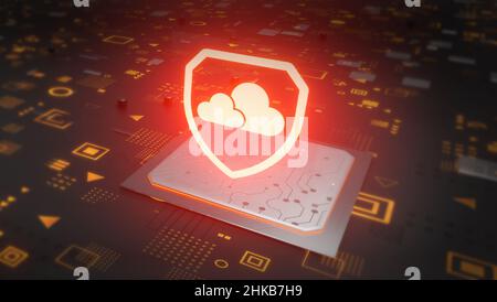 Red Shield Cloud Computing Cybersecurity Technology 3D Rendering Stock Photo