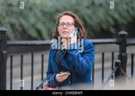 Westminster, London, UK. 03rd Feb, 2022. Baroness Evans of Bowes Park, Leader of the House of Lords, leaves Parliament. Following the Chancellor Rishi Sunaks announcements in the House of Commons, MPs and politicians are seen leaving Parliament today. Credit: Imageplotter/Alamy Live News Stock Photo