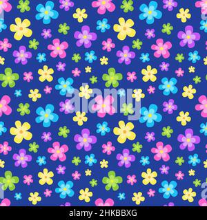 Funny seamless pattern with colorful flowers on blue board. Positive summer mood. Endless design. Print for textile, clothes, gift wrap, cards, design Stock Vector
