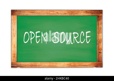 OPEN  SOURCE text written on green wooden frame school blackboard. Stock Photo