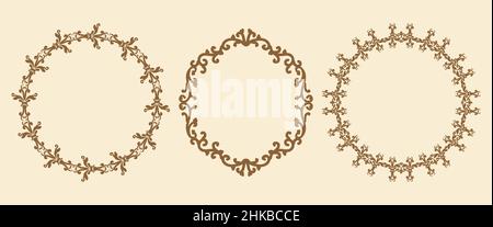 Set of round decorative frames in vintage style. Brown circular ornaments on a beige background. Patterned borders. Vector illustration. Stock Vector