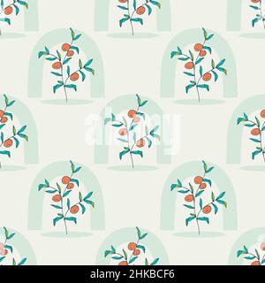 Citrus tree hand drawn seamless pattern. Orange, tangerine, grapefruit in doodle style. Pastel shades. Seamless vector background with citruses.  Stock Vector