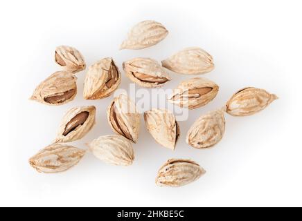 Heap of almonds isolated on white background Stock Photo