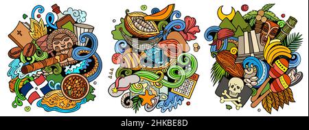 Dominican Republic cartoon vector doodle designs set. Colorful detailed compositions with lot of traditional symbols. Isolated on white illustrations Stock Vector