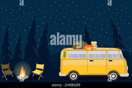 Camping Evening Scene.Car,Bonfire,Pine forest background,starry night sky Stock Vector