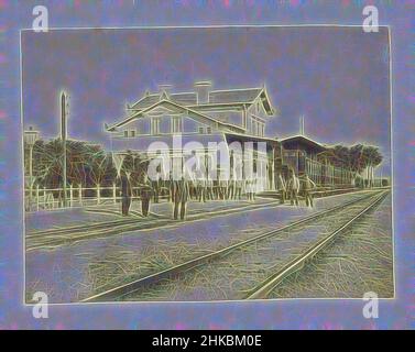 Inspired by Railway station (Germany ?), c. 1870 - c. 1890, paper, albumen print, height 91 mm × width 123 mm, Reimagined by Artotop. Classic art reinvented with a modern twist. Design of warm cheerful glowing of brightness and light ray radiance. Photography inspired by surrealism and futurism, embracing dynamic energy of modern technology, movement, speed and revolutionize culture Stock Photo