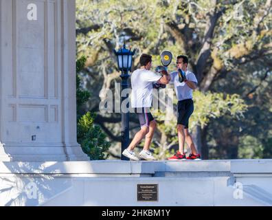 NEW ORLEANS, LA, USA - JANUARY 31, 2021: Two boxers training in Newman Bandstand in Audubon Park Stock Photo