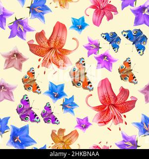Seamless summer pattern of colorful butterflies and flowers highlighted on a beige square background. The concept of summer Stock Photo