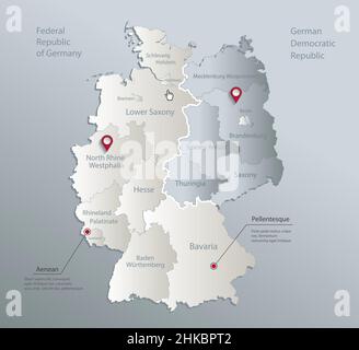 Germany map divided on West and East  map, administrative division with names, blue white card paper 3D vector Stock Vector