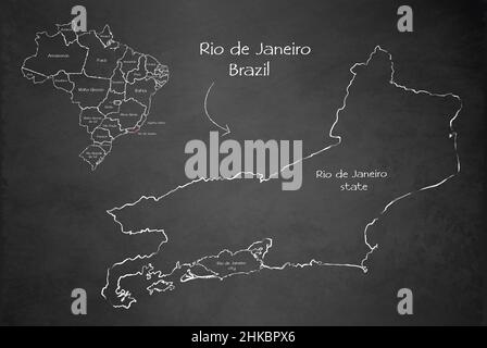 Rio de Janeiro and Brazil map administrative division, separates regions and names, design card blackboard chalkboard vector Stock Vector