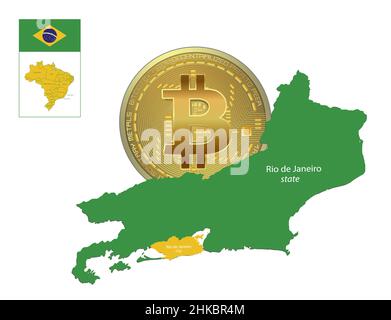 Rio de Janeiro map and city with Bitcoin coin, Brazil map and regions names vector Stock Vector