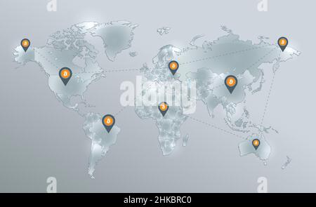 World map, bitcoin network and icons pointer, separates states, design glass card 3D vector Stock Vector