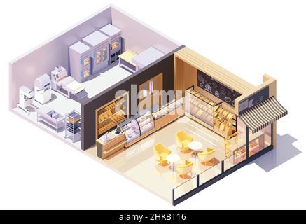 Bakery interior with oven shelves with bread and bakers at work ...