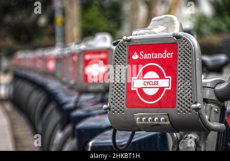 London rental bikes in a row Stock Photo