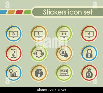 cryptocurrency simple vector icons on round stickers Stock Vector