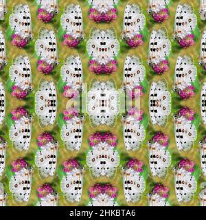 Seamless summer pattern with a beautiful white butterfly sitting on a pink clover flower. Selective focus, square framing Stock Photo