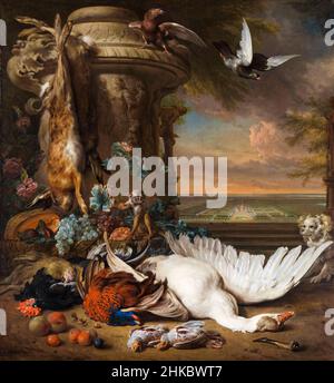 Hunting and Fruit Still Life next to a Garden Vase with a Monkey, Dog, and two Doves, in the distance Rijksdorp near Wassenaar, Seat of Jacob Emmery, Baron of Wassenaar, painting by Jan Weenix, 1714 Stock Photo